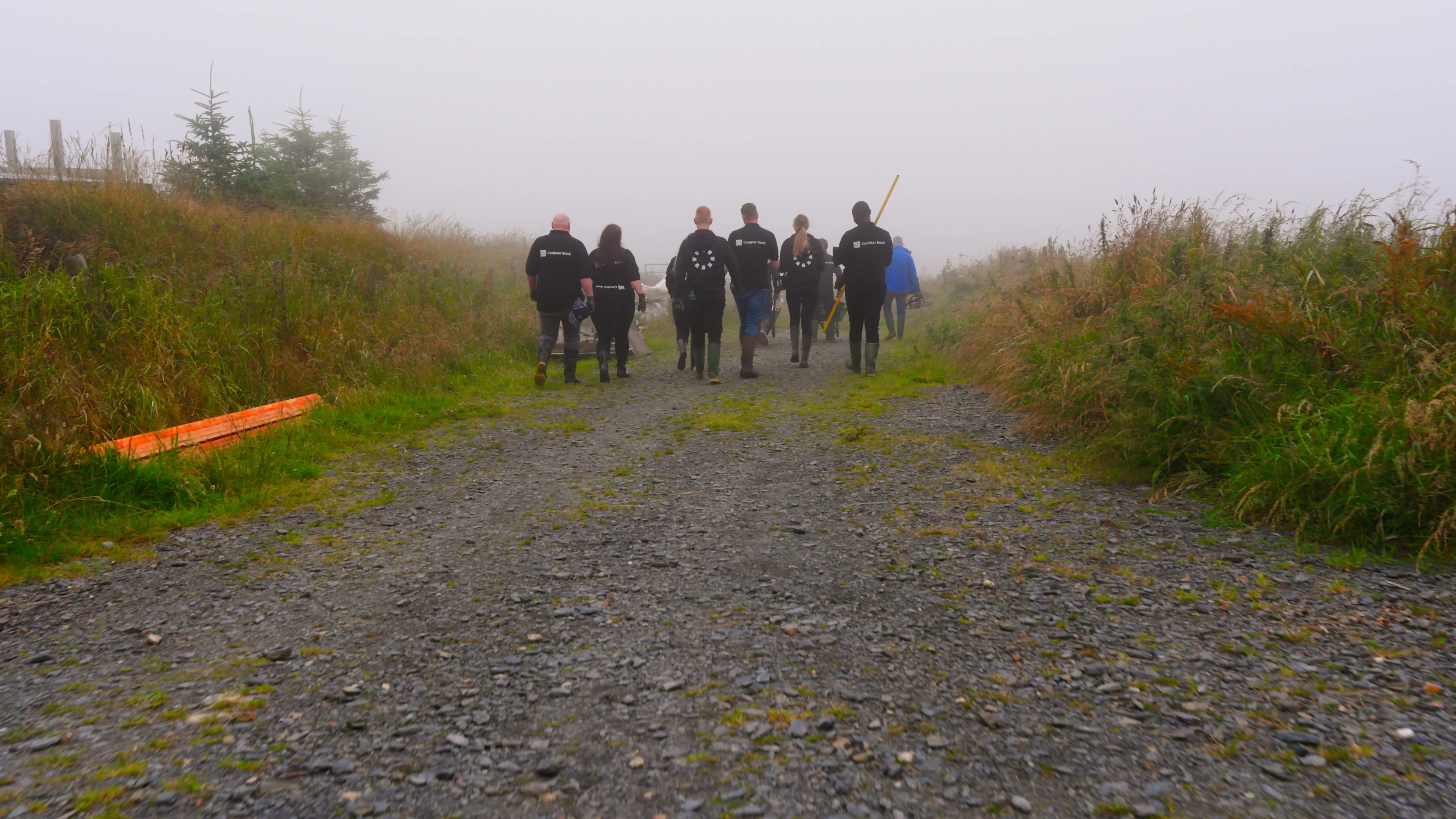 A group of people wearing dark clothing walk along a foggy gravel path flanked by tall grass and trees, conveying a sense of mystery and camaraderie.